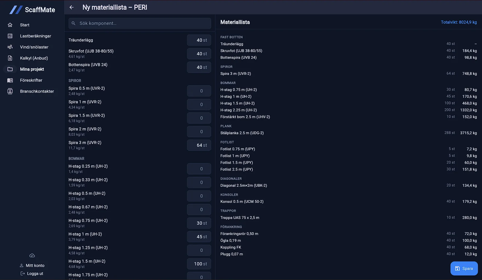 Materiallista i ScaffMate med komponentregister till vänster och färdig lista med vikter till höger