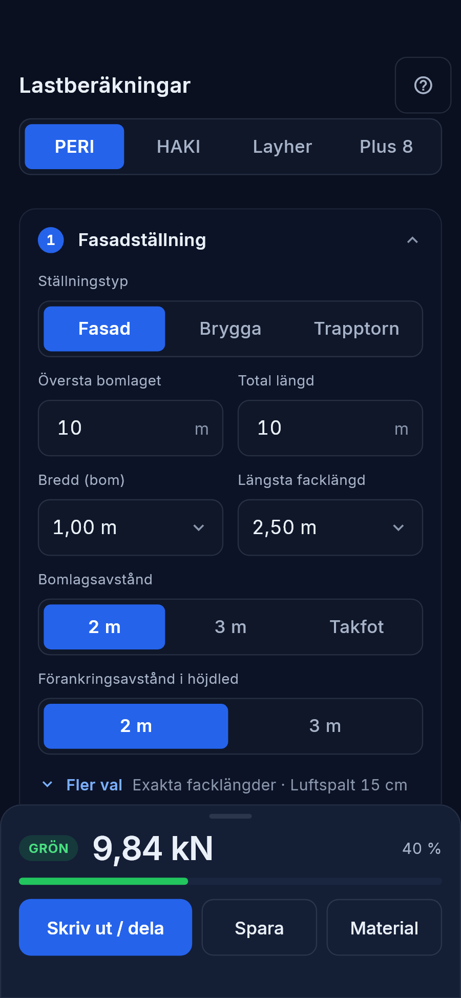Samma beräkning i mobilen, med spirlasten i bandet längst ned