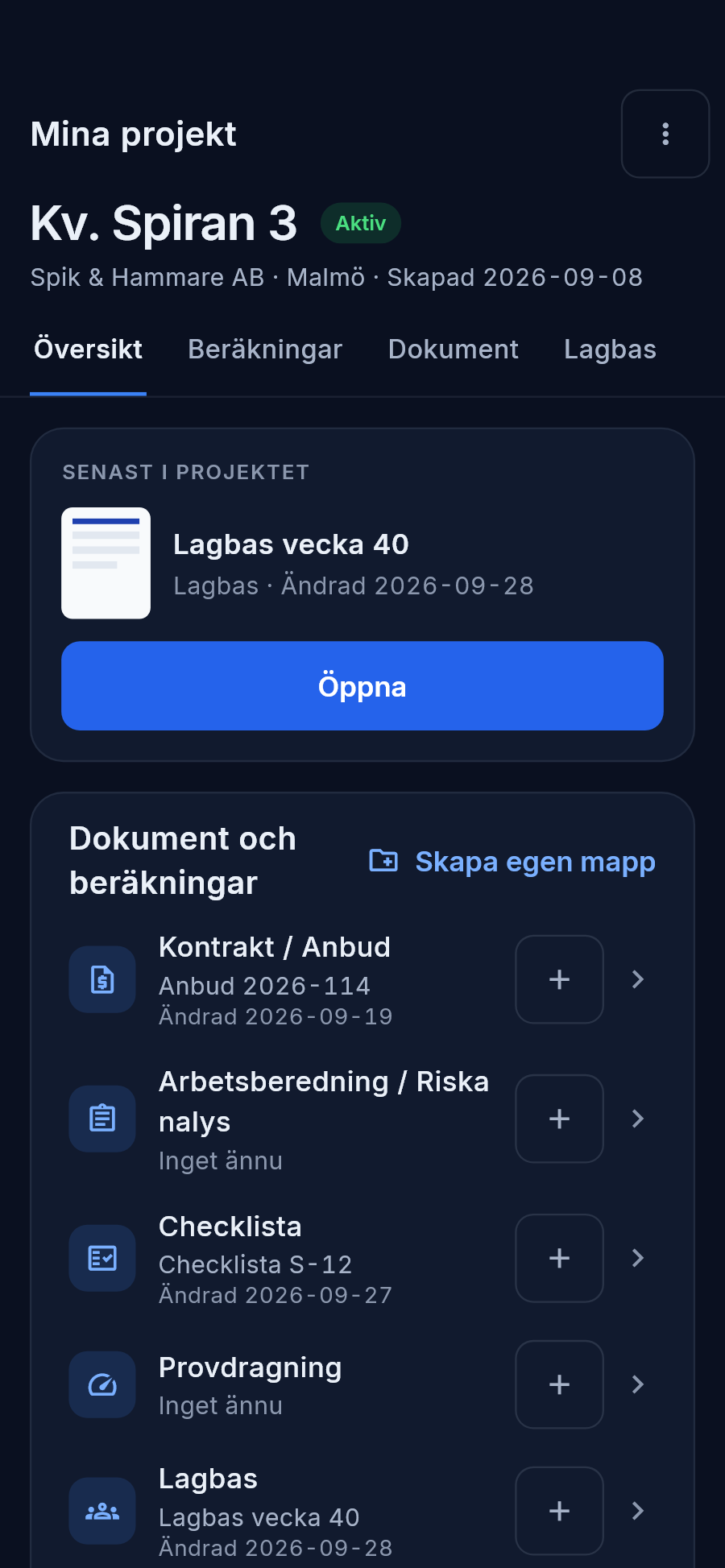 Ett projekt i mobilen med flikar och mappar